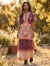 FARM Rio Glam Tapestry Burgundy Laces Short Sleeve Maxi Dress