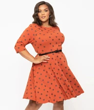 Unique Vintage Plus Size Rust & Black Pumpkin Patch Stephanie Flare Dress 1X