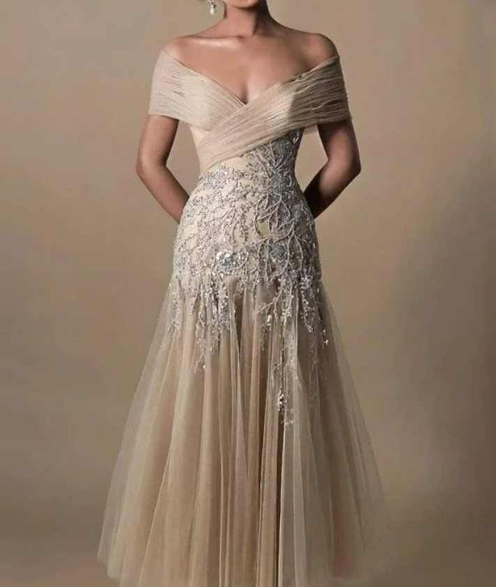 Modest Champagne Tulle Mother of the Bride Dresses Tea-Length Evening Party  Dres