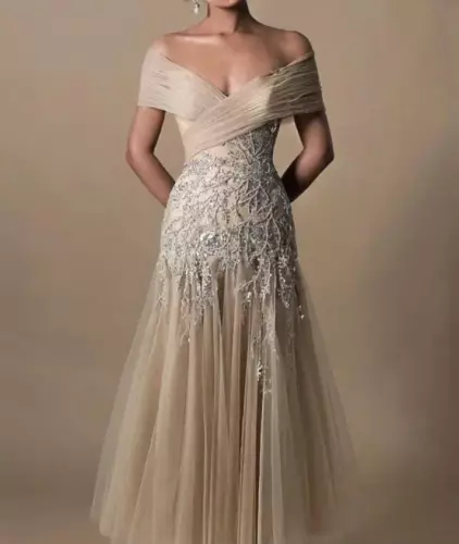 Modest Champagne Tulle Tea-Length Mother of the Bride Dresses Evening PartyDress - Picture 3 of 9