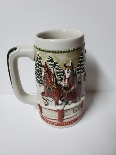 Budweiser Beer Mug - Snowy Winter's Eve Clydesdales Budweiser Ceramarte Stein LE - Picture 2 of 5