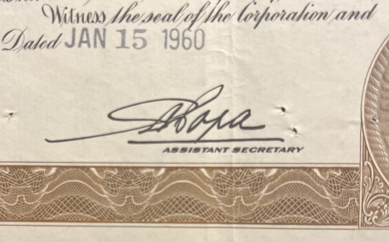 1960 Reliance Mfg. Co. Stock Certificate #NC07364, (Chicago, IL)