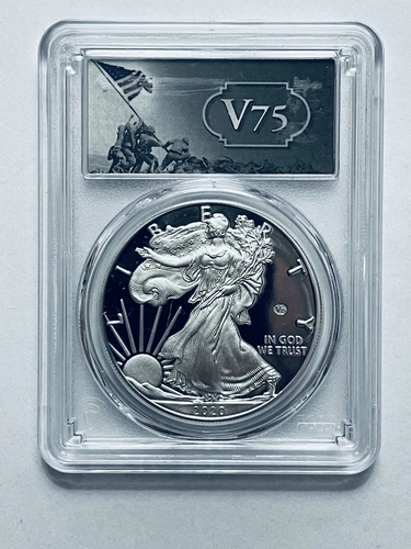 2020-W V75 PRIVY PROOF SILVER EAGLE PCGS PR70DCAM FIRST STRIKE GOLD SHIELD