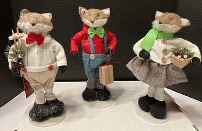 Lot of (3) Mr & Mrs Christmas Foxes Knick Knack Holiday Decor Stuffed Figures