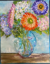 ORIGINAL OIL Painting Hydrangea  FLOWERS IN VASE impasto 10"x 8" by Olga Diduh.