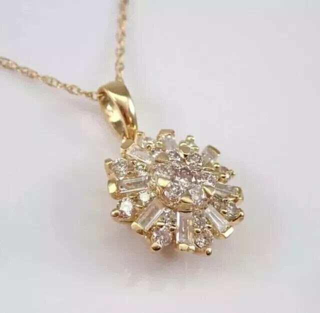 14K Yellow Gold Plated In 2Ct Round Cut Simulated Diamond Flower Shape Pendant