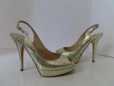 Jimmy Choo Gold Embossed Leather Peep Toe 120mm Slingback Shoes EUR 37