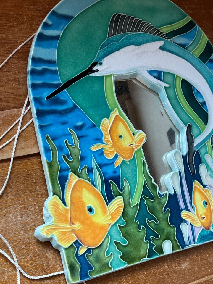 Tonos de azul y verde con amarillo océano pez marlín azulejo de cerámica baño espejo de pared Foto 4 de 4