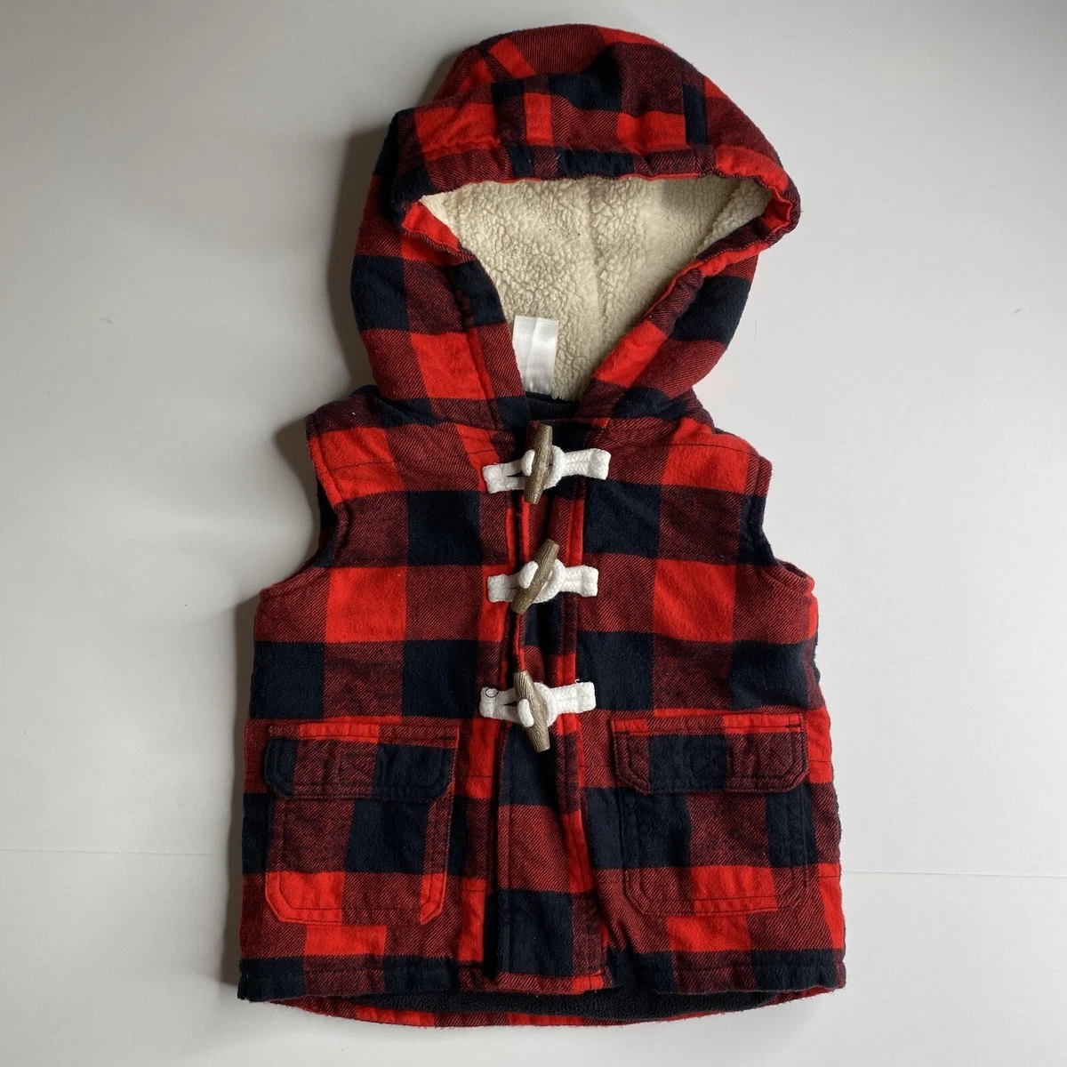 CARTERu0026#039;S Baby Plaid Buffalo Check Red/Black Sherpa Lining Hooded Vest;  Size 12M | eBay