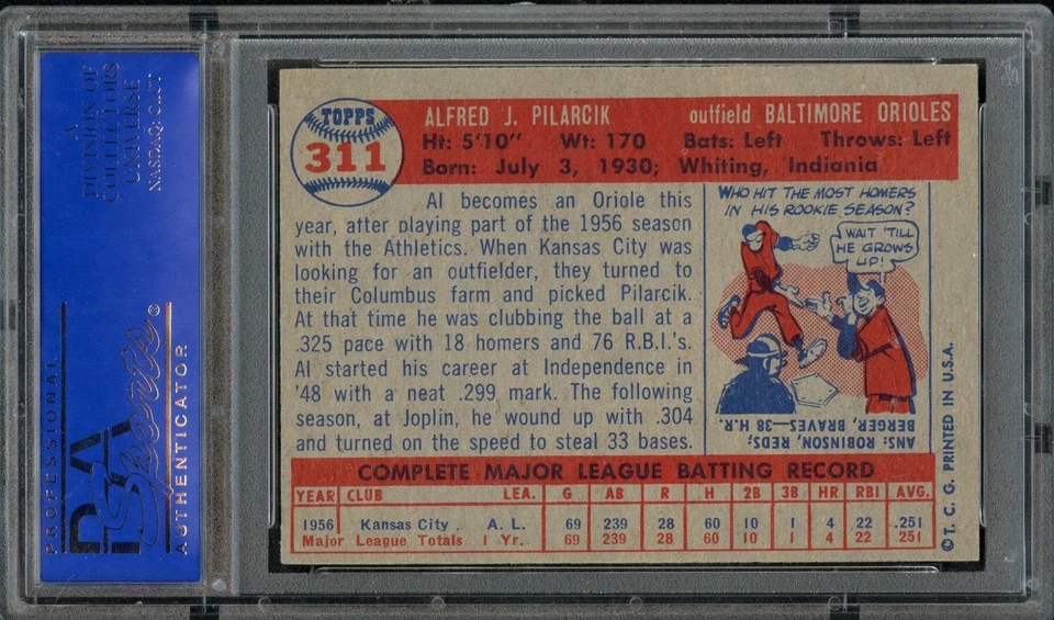 BB - 1957 Topps - #311 - Al Pilarcik - PSA 8 - NM-MT - Image 2 of 2