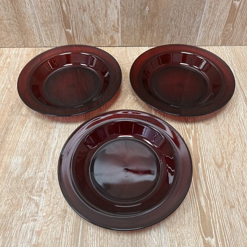 3 Vintage Arcoroc Ruby Red Glass Low Bowl Rim Soup Cereal 8.5" made in France