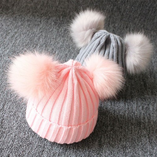 Baby Double Pom Pom Hat 2 Bobble Beanie Knitted Winter Warm Boy Girl Newborn-24M - Picture 6 of 27