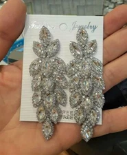 Silver Clear Crystal Rhinestone Leaf Marquis Long Wedding Earrings Clip On Drop