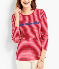 TALBOTS WHITE RED LONG SLEEVE EMBELLISHED STRIPE COTTON KNIT TEE TOP PLUS Sz 0X