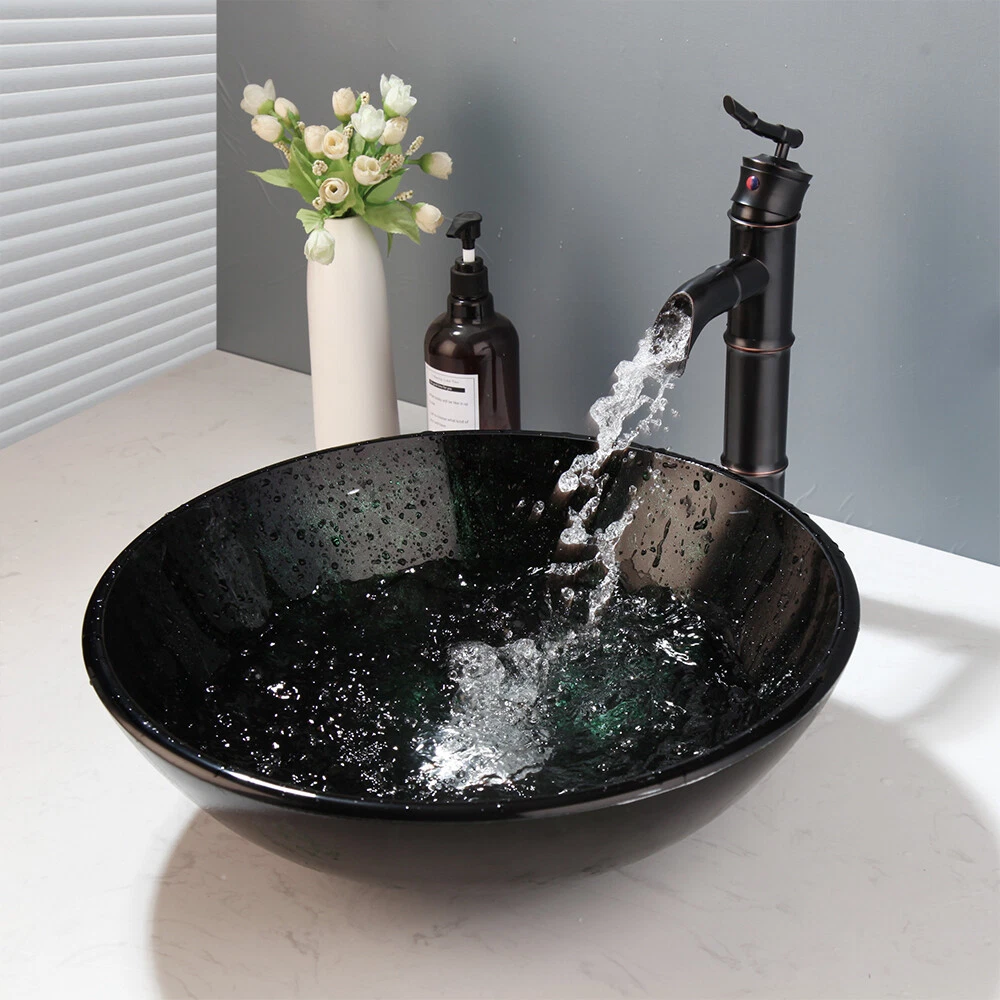 Bathroom Black Basin Round Tempered Glass Vessel Sink Vanity ORB Faucet Drain