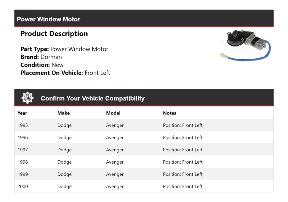 Двигатель стеклоподъемника передний левый для Dodge Avenger Dorman 1995-2000 годов выпуска 1996 1997 1998 годов выпуска - Изображение 2 из 4