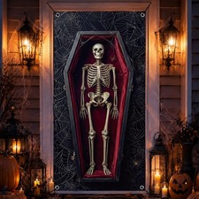 Halloween Door Cover 79 X 35 Inch Large Coffin Skeleton Door Banner with Spider