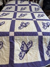 Vtg Homemade Appliqu Purple Butterflies Full/Twin Size Hand Quilted 60 X 98