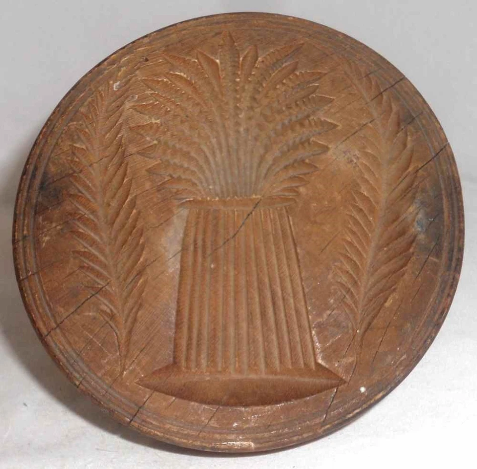 Antique Primitive Thick Butter Print Deep Carved Wheat Sheaf Design with Handel - Image 2 of 4