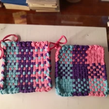 Handmade Set of 2 Potholders Nylon Woven Loom Hot Pads, Multi-color