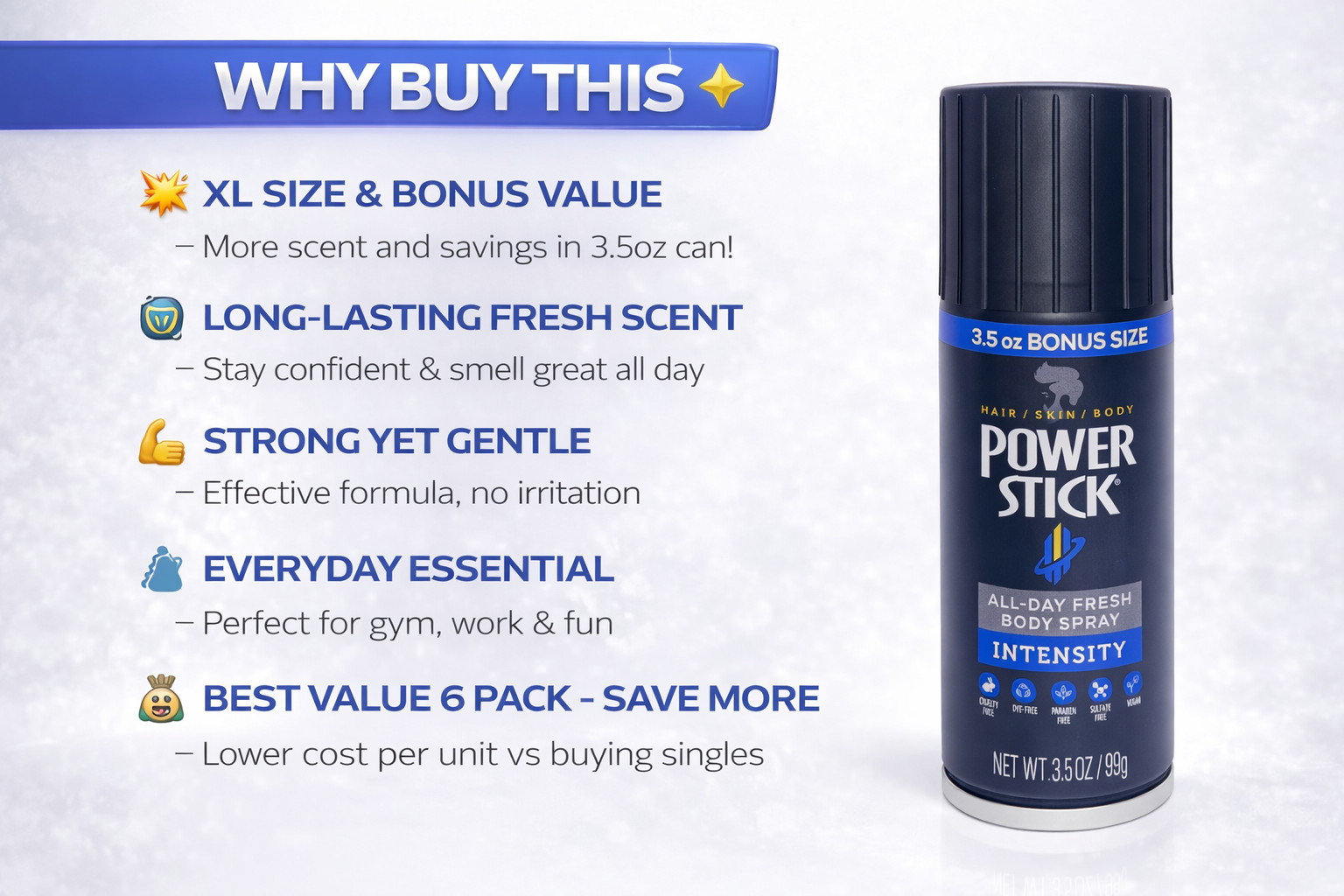 Power Stick Intensity Body Spray 3.5oz Bonus Size Men All Day Fresh 6 Pack