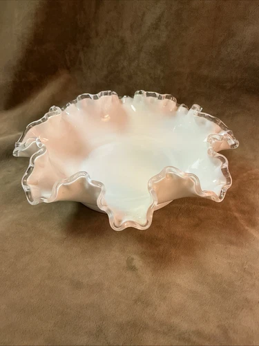 Vintage 1950s Fenton art glass ruffled Silvercrest bowl Vase Crimped