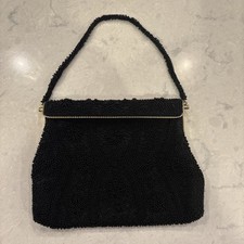 Vintage Handbag Black Beaded Floral Evening Bag Purse Handbag Made In Japan