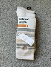 New! Timberland Cushioned Boot Socks 2 Pairs Women 6.5-9.5 Logo Solid Striped