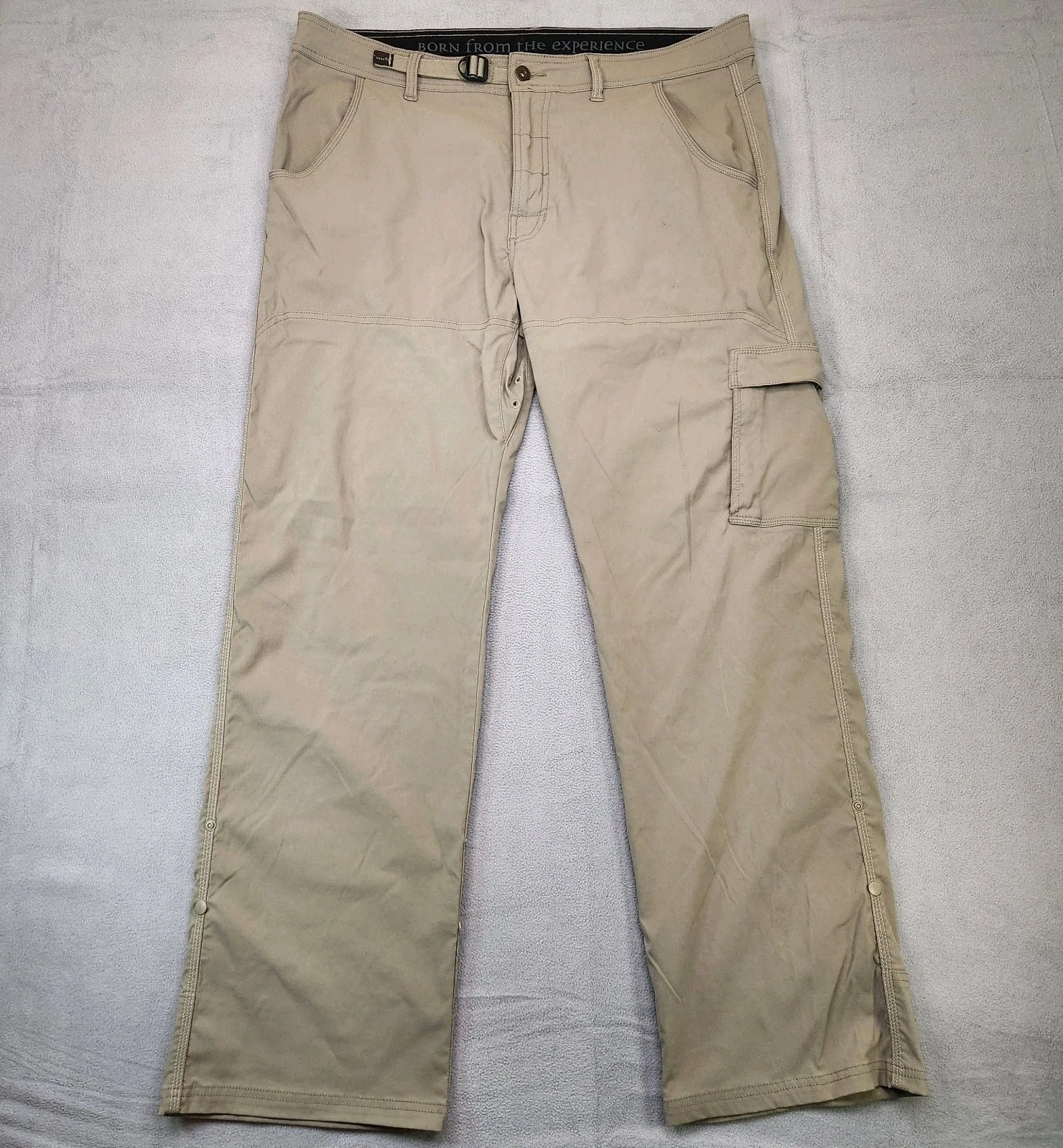 Prana Stretch Zion Straight Pants Men’s 38x32 Beige Belted Hiking Outdoor Nylon
