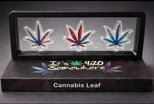 ⭐️Silver Cannabis Leaf In Capsules. Stunning Art Display Set “Its 420 Somewhere”