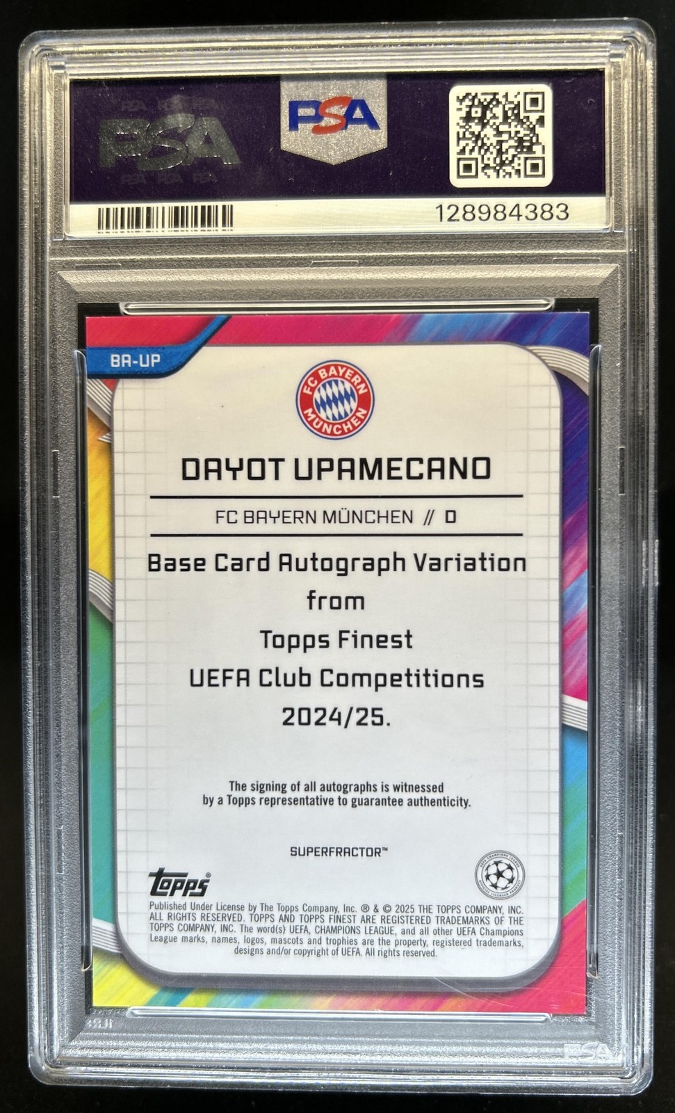 2024-25 Topps Finest Uefa Dayot Upamecano Auto Superfractor #1/1 PSA 5 Bayern view 2