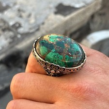 925 Sterling Silver Large Natural Oval Big Malachite Stone Ring