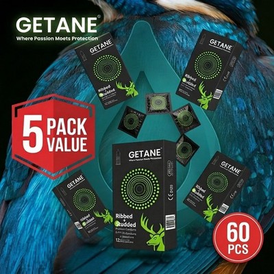GETANE 60pcs Dual Texture Condoms, Ribbed & Dotted, Double Stimulation, Pleasur