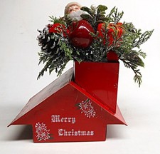 Vtg 60's Flocked Santa on Tin Roof Chimney Tabletop Christmas Centerpiece Decor