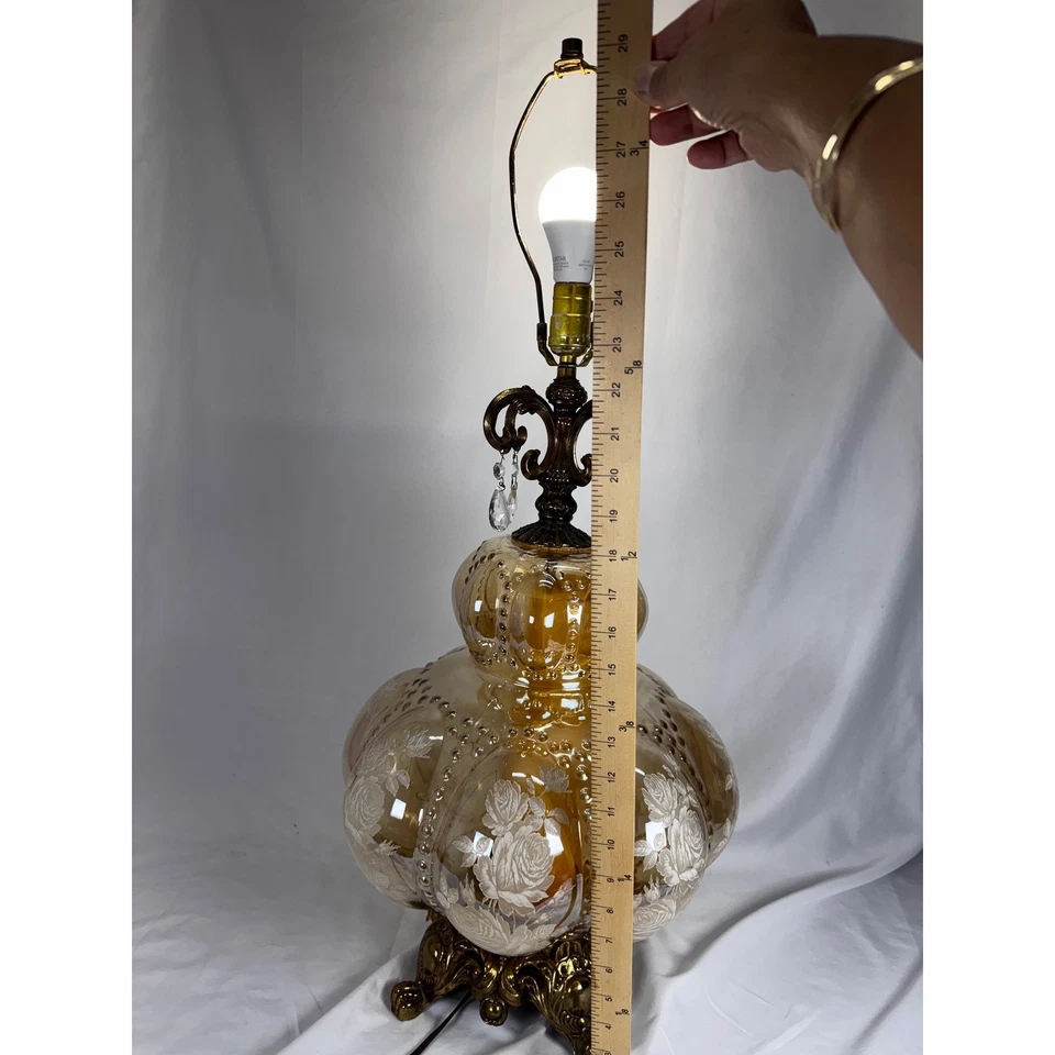 Carl Falkenstein MCM 3Way Hollywood Regency Ámbar Vidrio Burbuja Floral Rosa Lámpara Foto 4 de 4