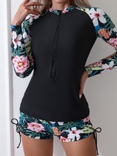 2 Piece Womens Beach Rash Guard Swimsuit UPF 50+ Long Sleeve Swim Shirt Set UK
