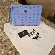 MCM Visetos Monogram Light Blue and Red Zip Pouch with wristlet