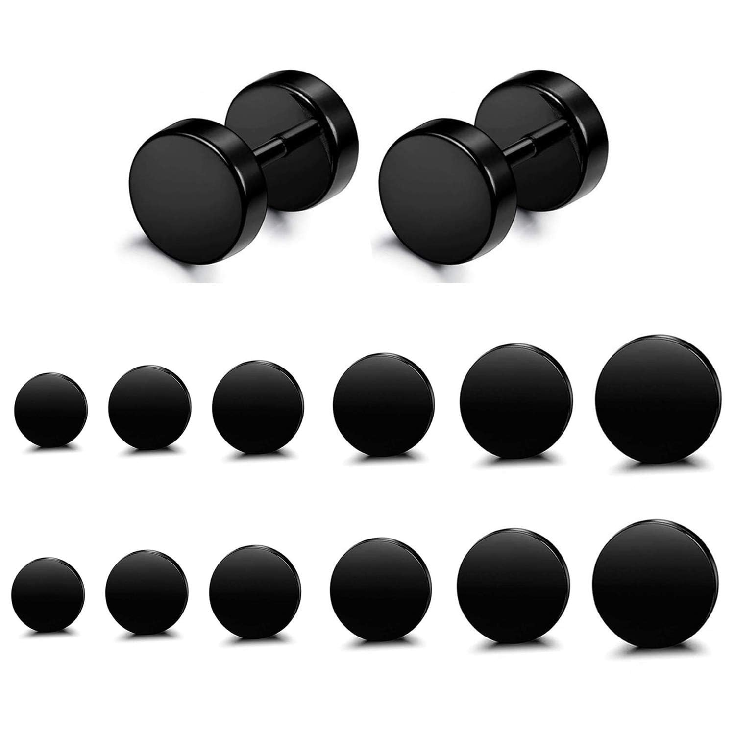 FIBO STEEL 6 Pairs Stainless Steel Black Stud Earrings for Men Women Faux Gau...