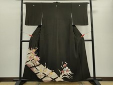 Japanese Kimono Luxurious Black Tomesode Embroidery Auspicious Flower Gold Colo