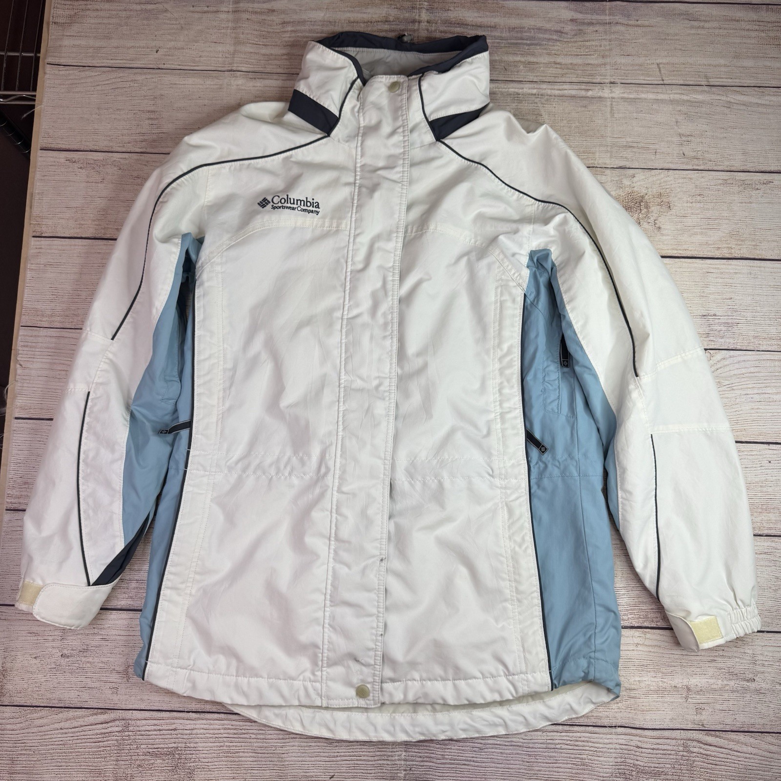 Columbia Women’s Large Interchange Winter Jacket White Blue Hooded Shell READ