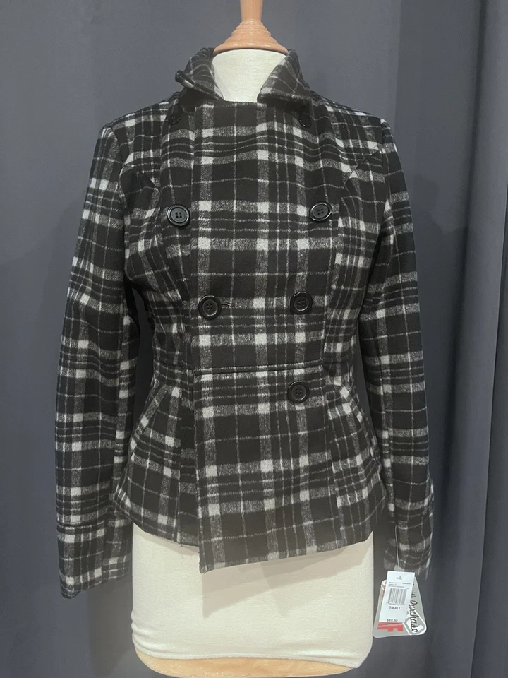NWT Jou Jou Women’s Size S Black White Plaid Double Breasted Peacoat Jacket. - Image 3 of 4