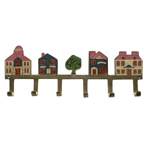 Vintage Brass Enamel Cloisonné Houses 6 Hook Key Rack Wall Hanging Folk Town