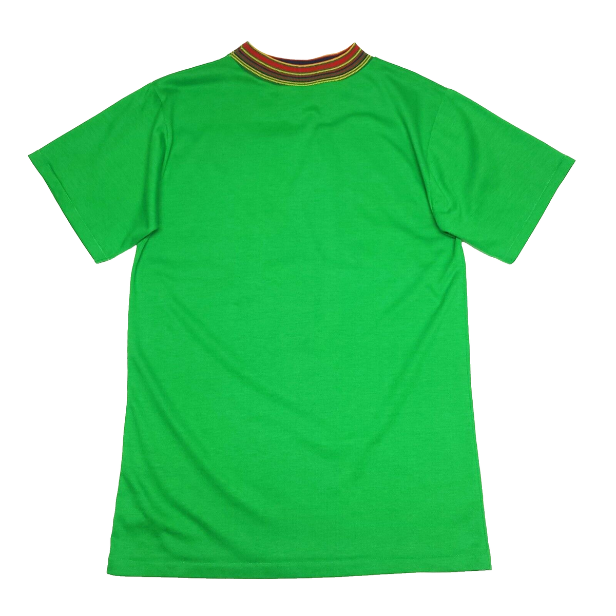 Vtg 70s T Shirt MEDIUM Green Rainbow Striped Collar Single Stitch 
