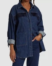 $469 Le Jean Women's Blue Kira Fringe Denim Overshirt Jacket Coat Size M
