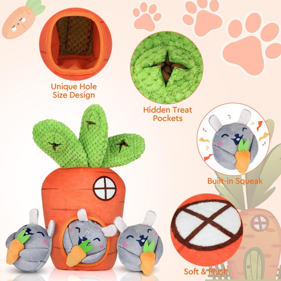 Globright Hide and Seek Squeaky Dog Plush Toy Carrot and Bunny Set, 4