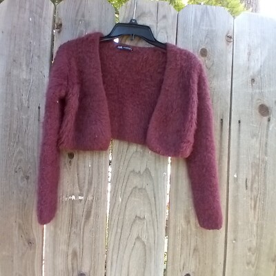 Zara Bolero Womens Sz M Burgundy Crop Soft Touch Flufy Open