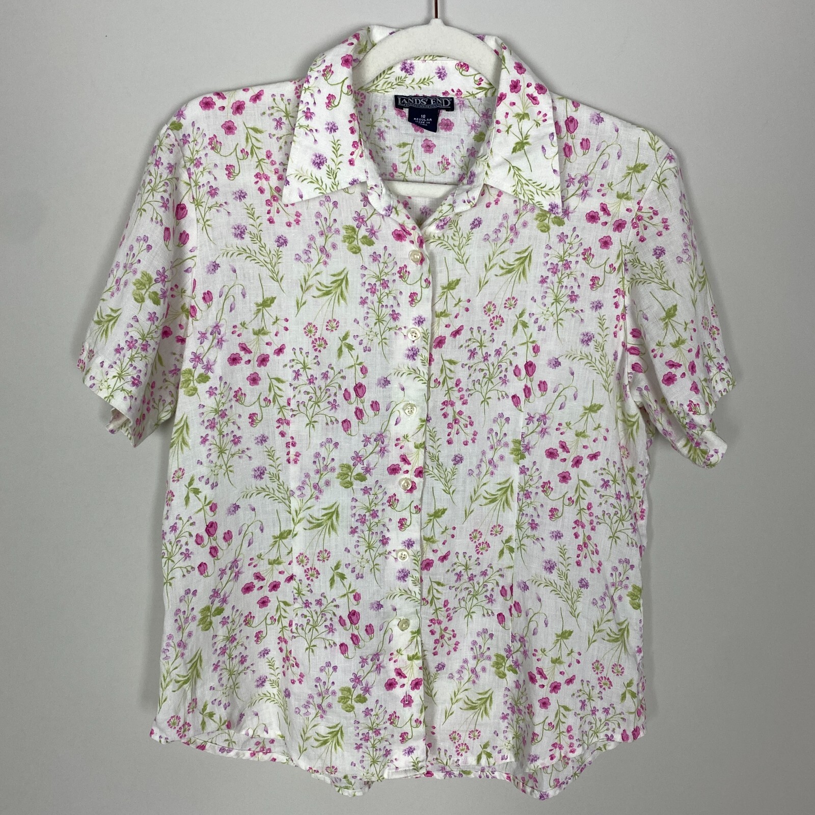 Lands End Linen Shirt Womens 10 Floral Button Up Short Sleeves Collared