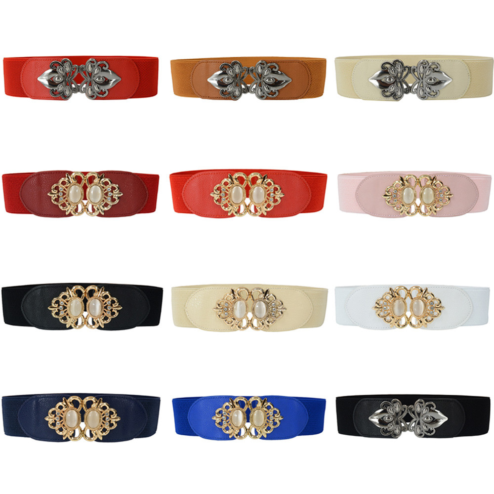 Women Retro Metal Flower Buckle Faux Leather Belt Stretch  display picture 1