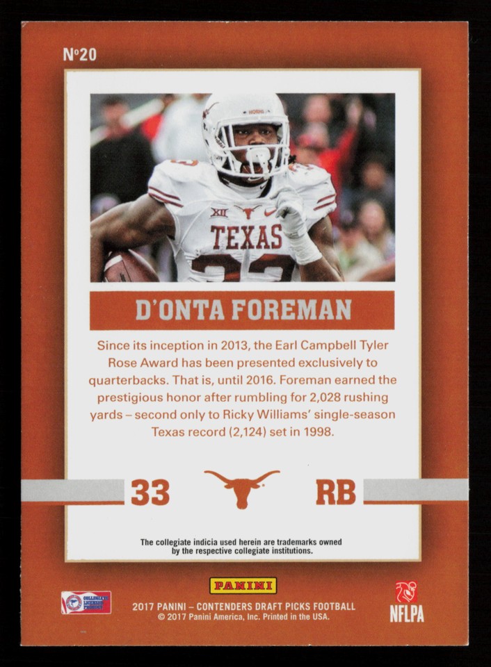 2017 Contenders Draft Picks #20 D'Onta Foreman School Colors Texas ...