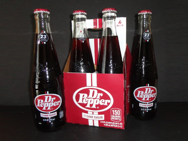 DR PEPPER Glass Bottles Race Stripes EMBOOSED LOGO Twist-Off 4-PACK SUGAR CANE